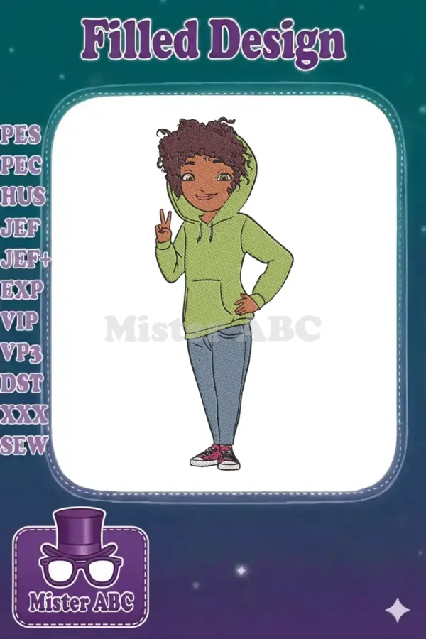 Embroidery design of a smiling girl with curly hair, wearing a green hoodie and jeans, making a peace sign.