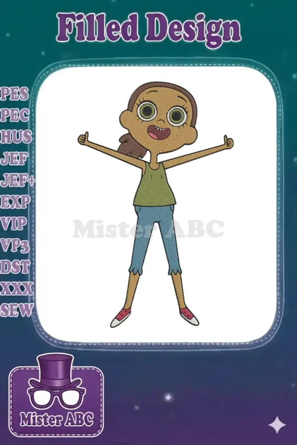 Gretel from Hamster & Gretel, a cheerful animated girl, smiling with two thumbs up, captured in vibrant, detailed embroidery.