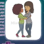 Affectionate hug two diverse young women friendship embroidery designs - Instant Download