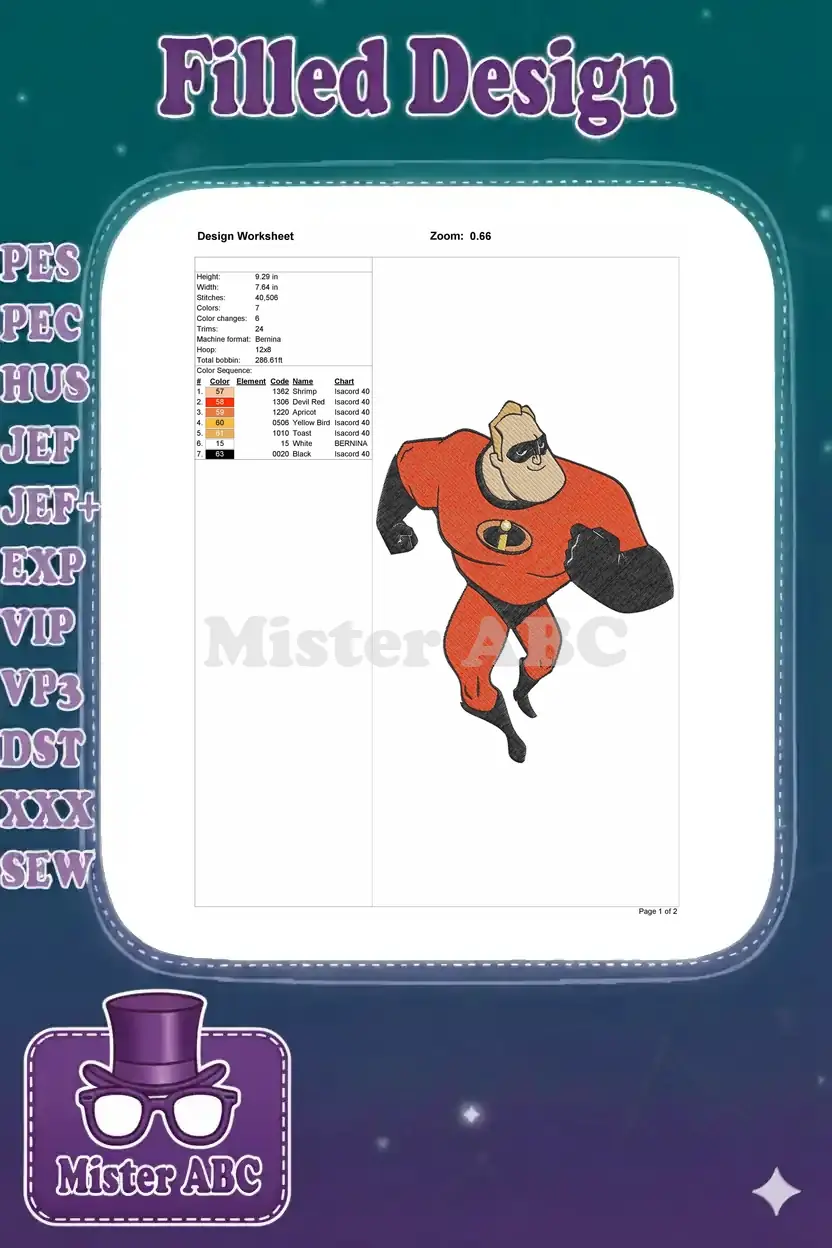 Embroidery design worksheet for Mr. Incredible, detailing dimensions, stitch count, color sequence, and thread codes.
