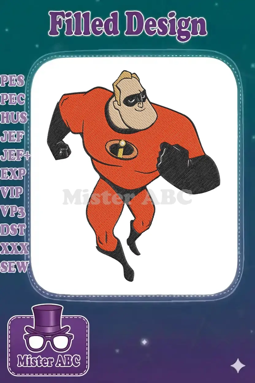 Dynamic Mr. Incredible embroidery design, showcasing the superhero in his iconic red and black suit, ready for action.