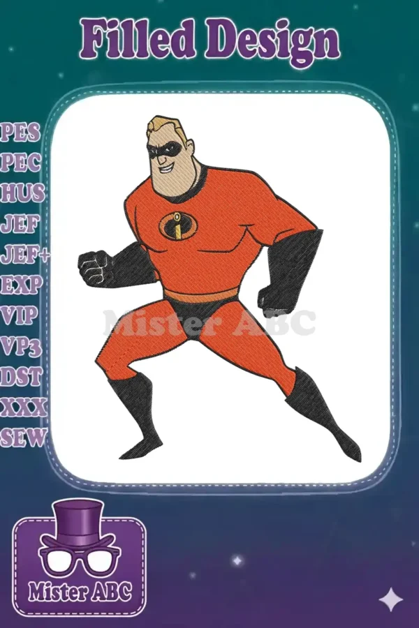 Dynamic embroidery design of Mr. Incredible from The Incredibles, ready for action in his classic superhero suit.