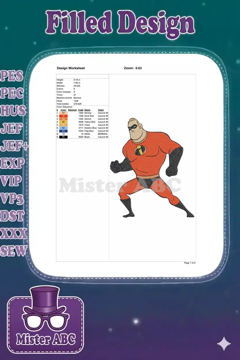 Design worksheet for Mr. Incredible embroidery, detailing dimensions, stitch count, color sequence, and thread codes.