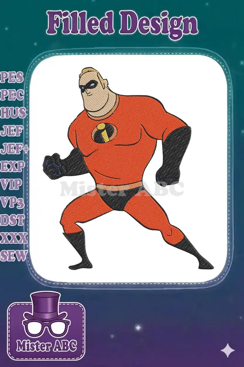 Full-body embroidery design of Mr. Incredible in a dynamic pose, showcasing vibrant colors and detailed stitching.