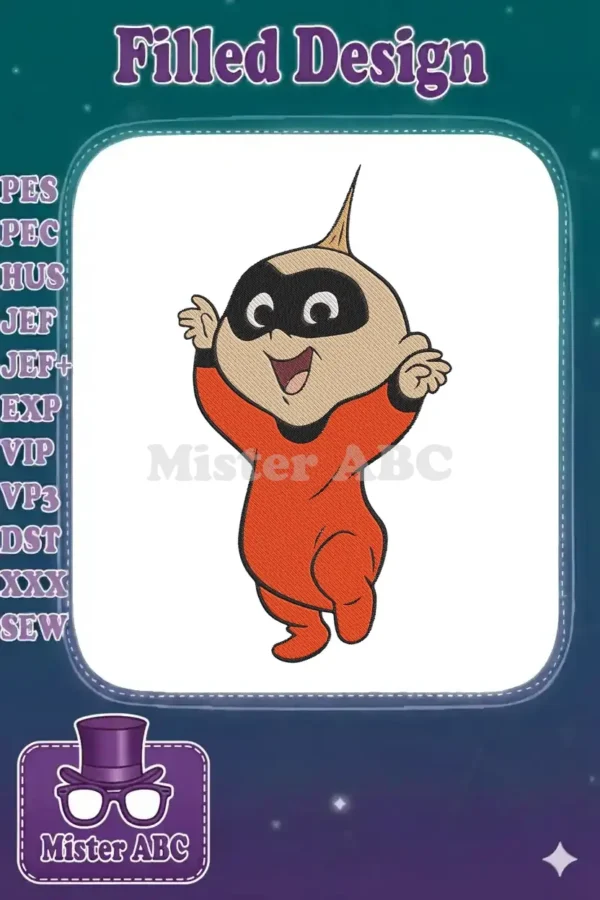 Vibrant embroidery of Jack-Jack from The Incredibles, arms raised in excitement, ready for your projects.
