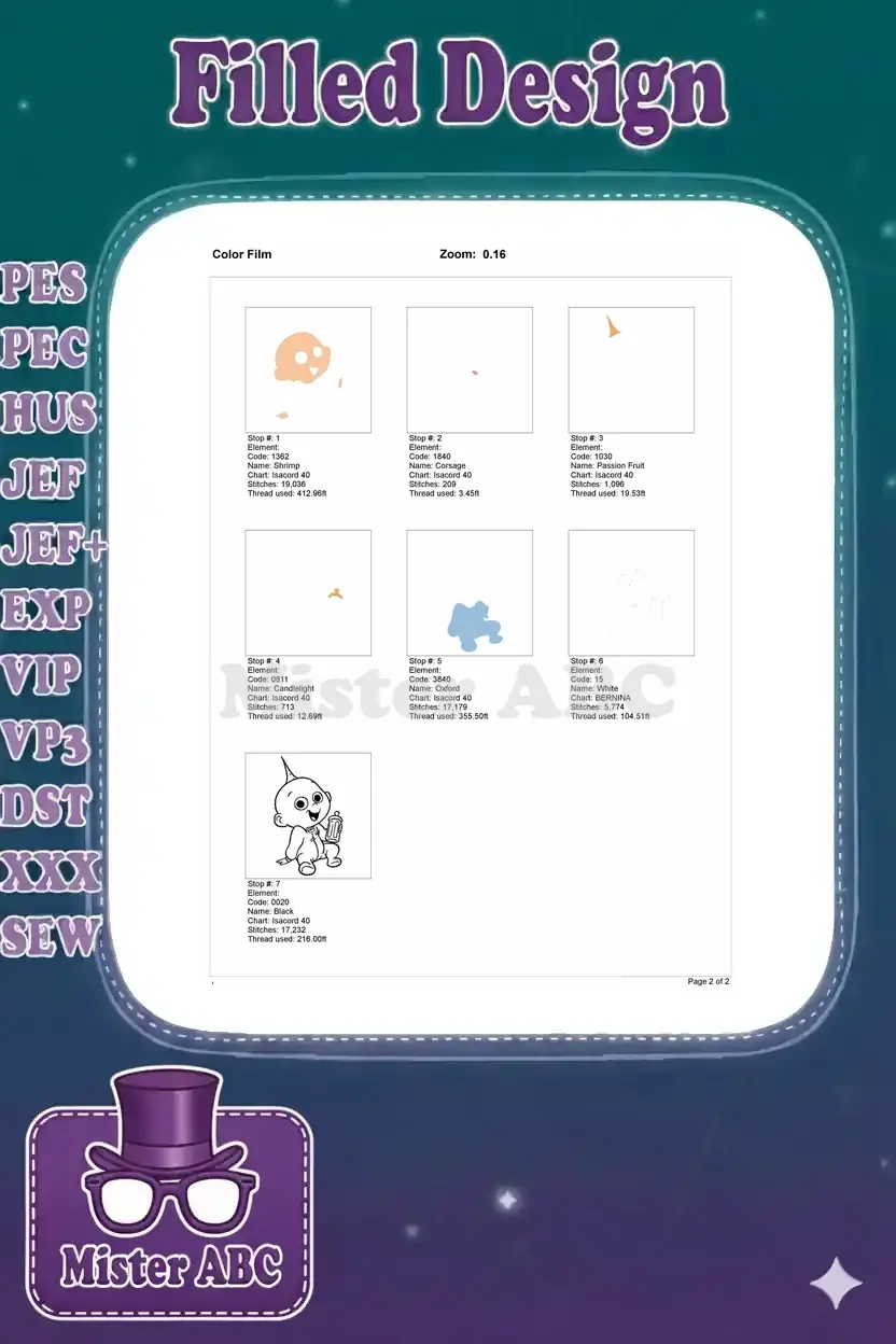 A color film breakdown showing the stitching sequence and thread details for each color layer of the Jack-Jack design.