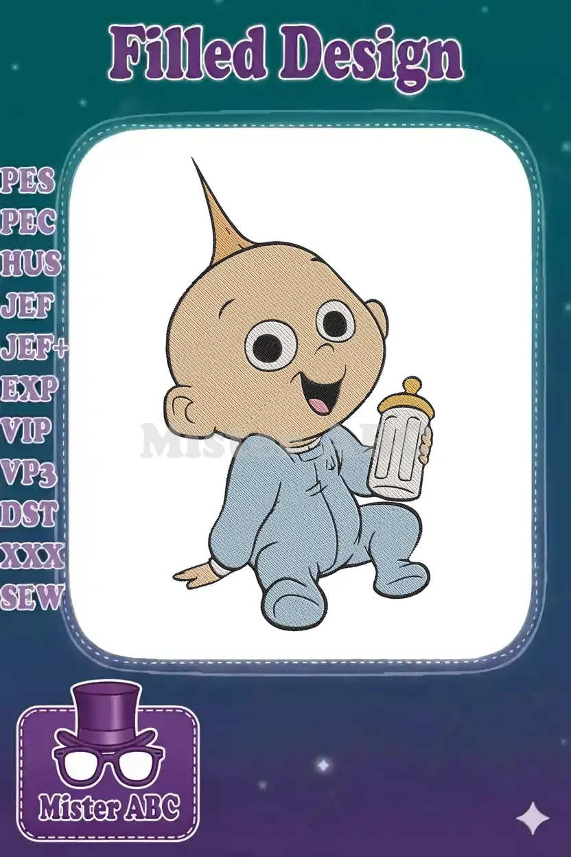 A cheerful Jack-Jack from The Incredibles, sitting and happily holding a baby bottle in a detailed embroidery design.