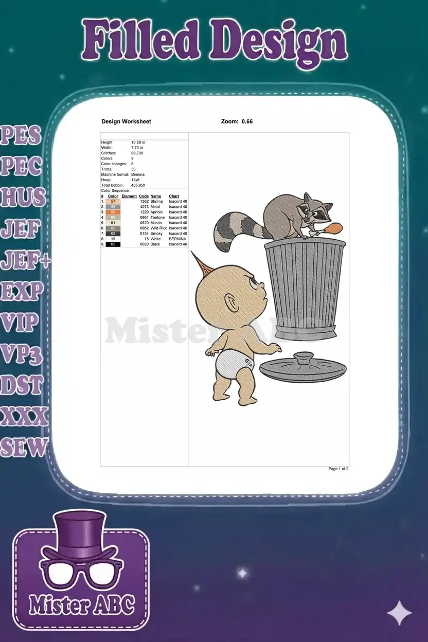 Embroidery design worksheet detailing dimensions, stitch count, color sequence, and thread types for the Jack-Jack design.