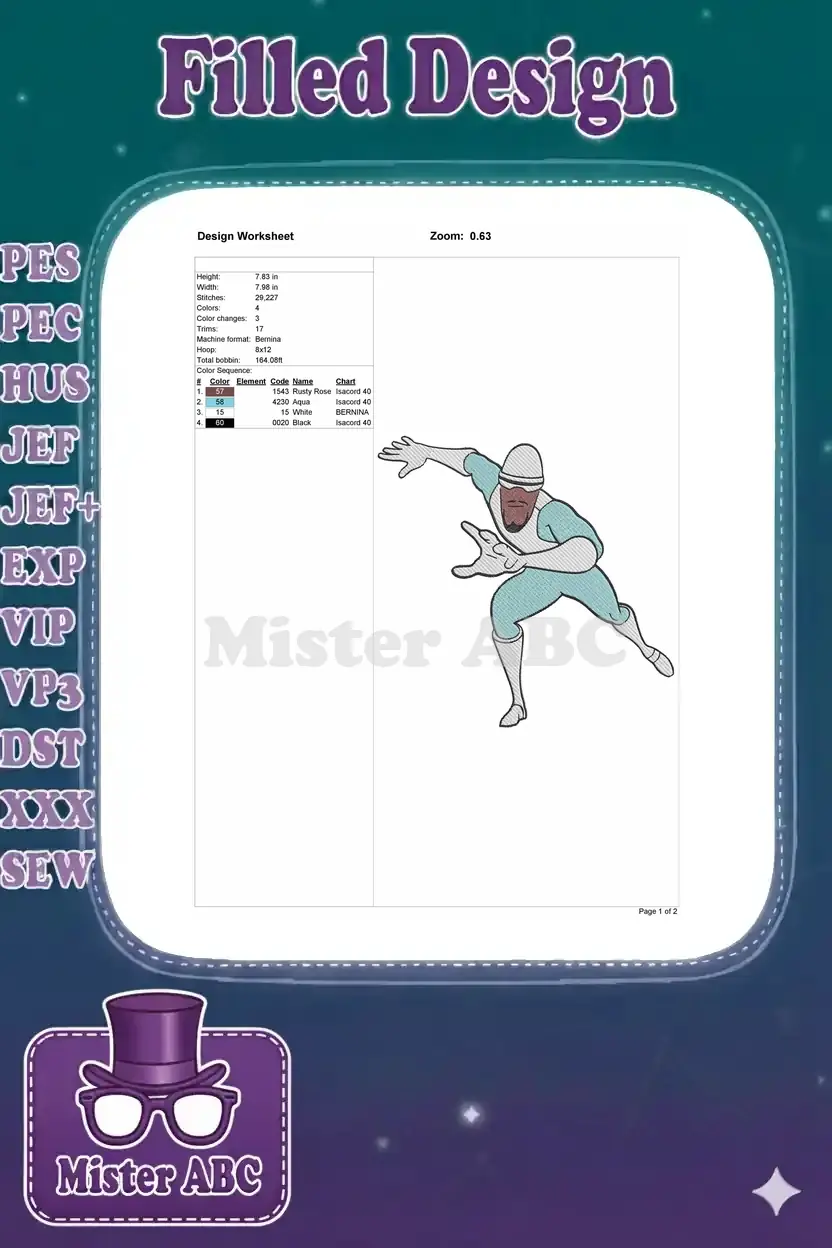 Design worksheet for Frozone embroidery, detailing dimensions, stitch count, color sequence, and machine info.
