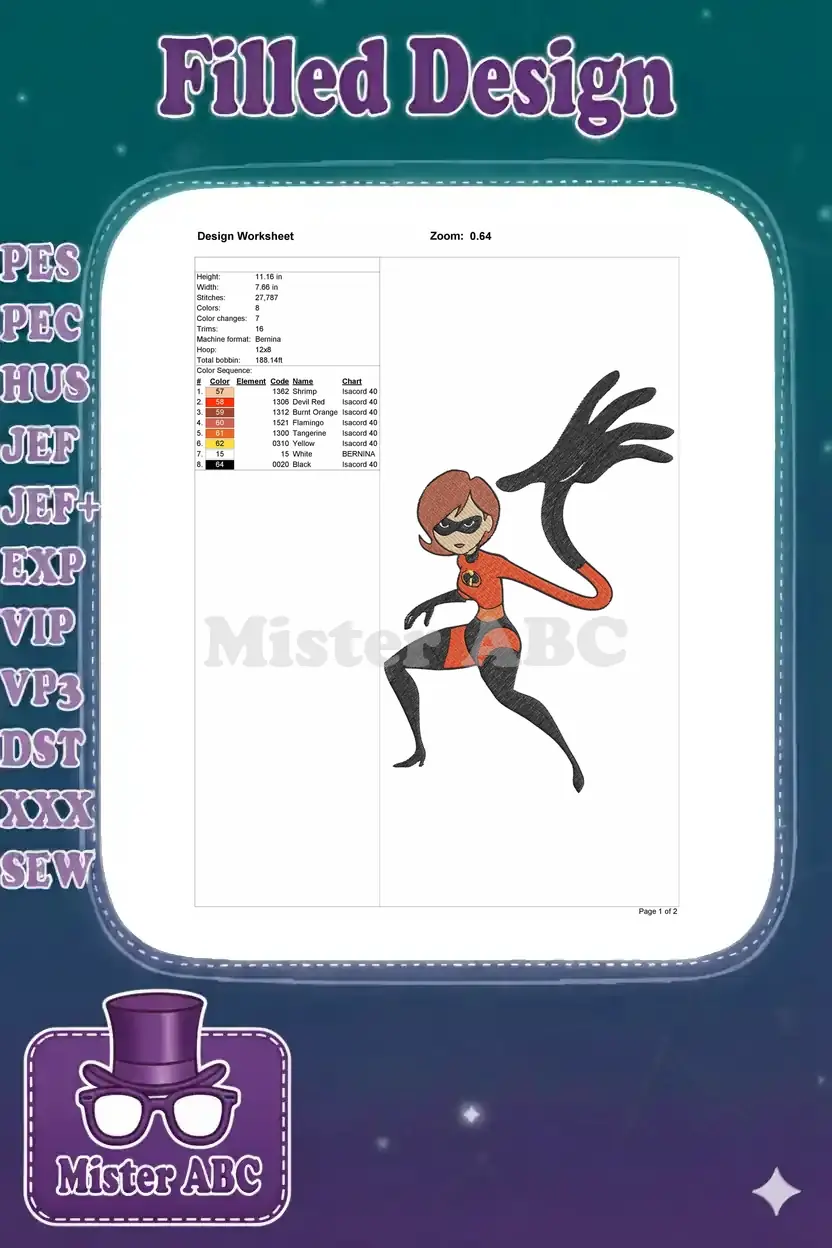 Design worksheet for the Elastigirl embroidery, showing dimensions, stitch count, color changes, and thread chart.