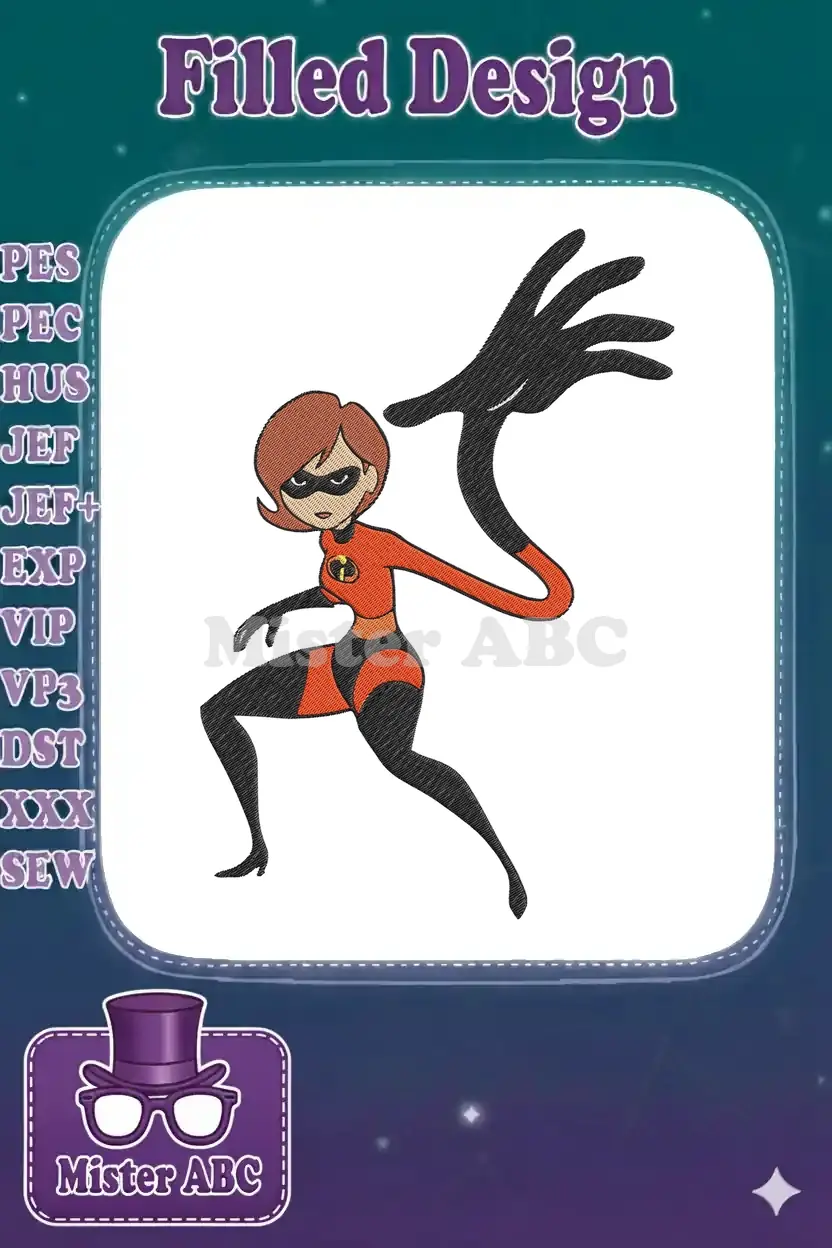 Elastigirl embroidery design in a dynamic pose, stretching her arm, featuring vibrant red, black, and orange colors.