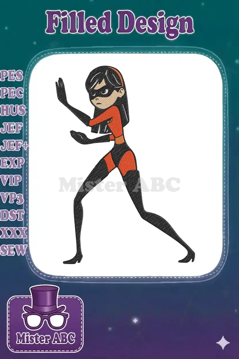 Full-body embroidery design of Violet Parr from The Incredibles, striking a dynamic pose in her iconic superhero suit.