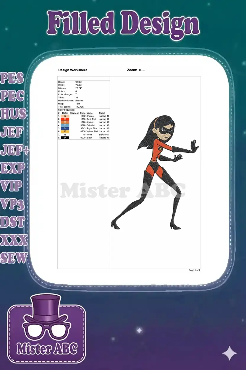 Embroidery design worksheet for Violet Parr, showing dimensions, stitch count, color sequence, and machine formats.