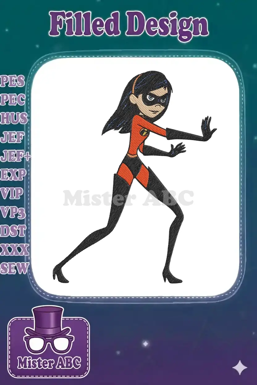 Embroidery design of Violet Parr from The Incredibles in a defensive stance, showcasing her superhero suit and powers.