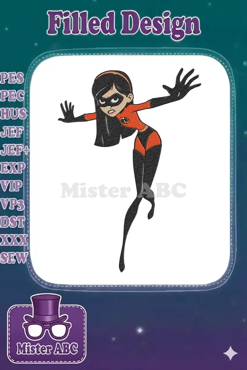 A detailed embroidery design of Violet Parr from The Incredibles in her superhero suit, striking a defensive pose.
