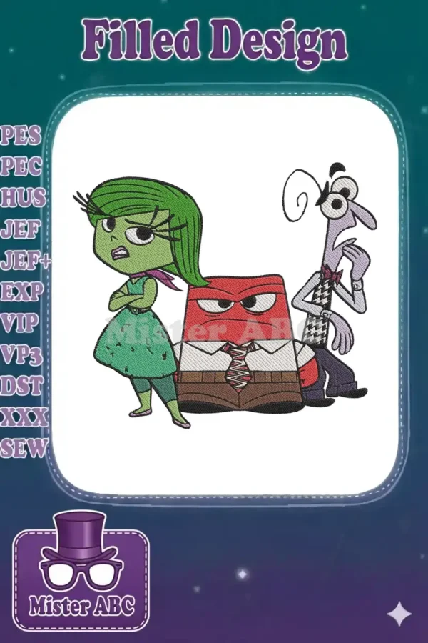 Vibrant embroidery design featuring Disney Pixar's Disgust, Anger, and Fear from Inside Out, showcasing detailed stitching.