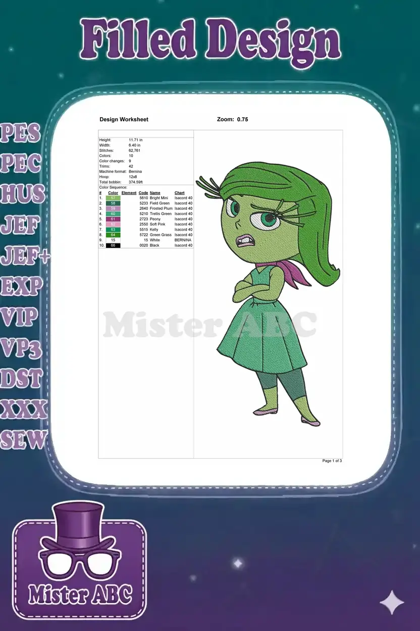 Embroidery design worksheet for Disgust, detailing dimensions, stitch count, color sequence, and thread types.