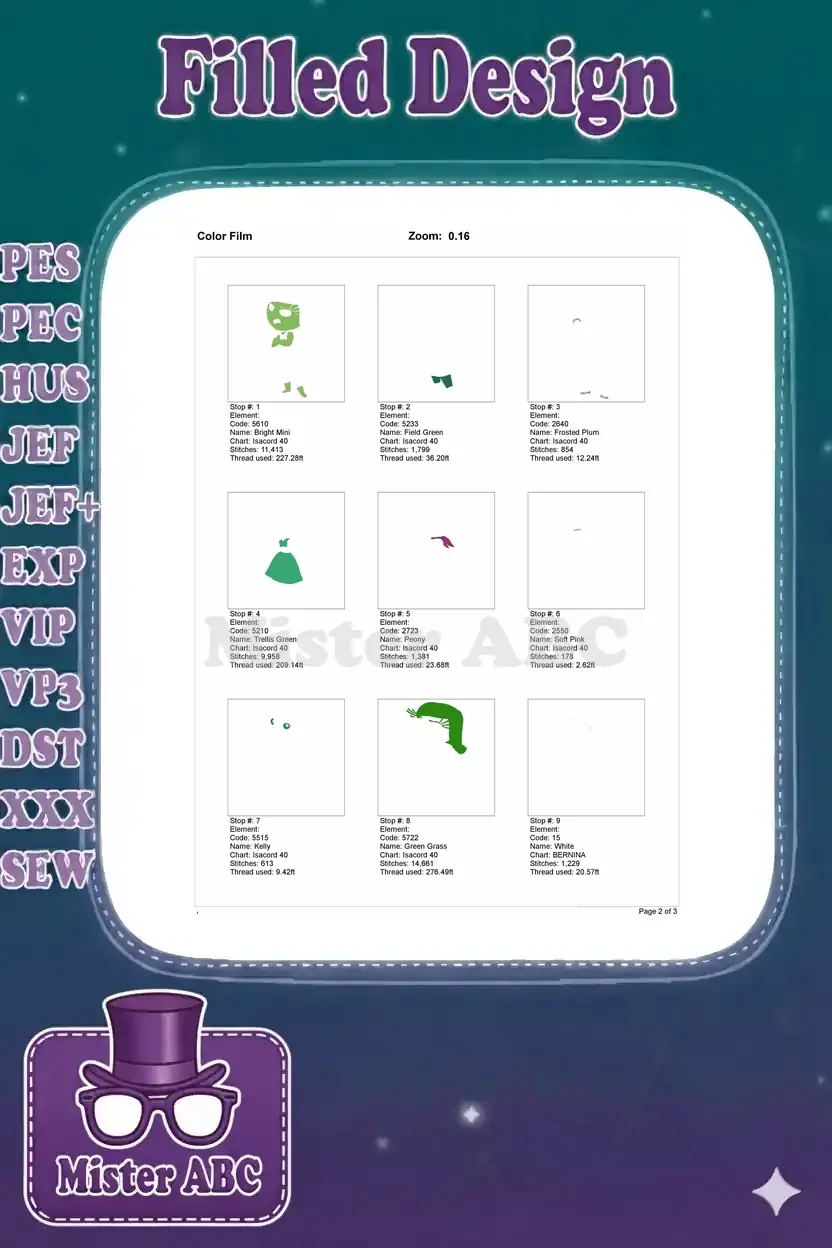 First part of the color film for Disgust embroidery, showing individual color stops and thread usage details.