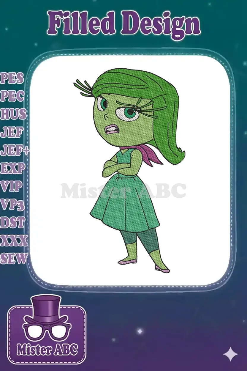 Vibrant embroidery design of Disgust from Inside Out, standing with arms crossed, showcasing detailed stitch work.