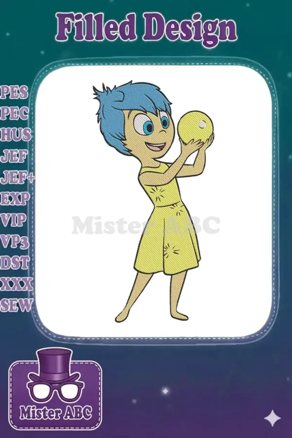 Vibrant embroidery design of Joy from Inside Out, smiling and holding a yellow memory orb, featuring detailed stitching.