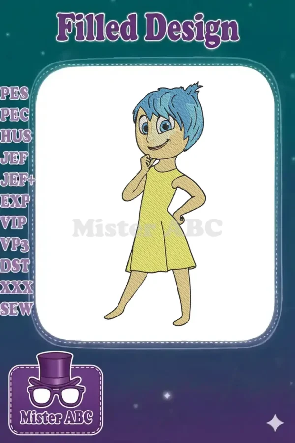 Full-body embroidery design of Joy from Disney's Inside Out, featuring her iconic yellow dress and blue hair.