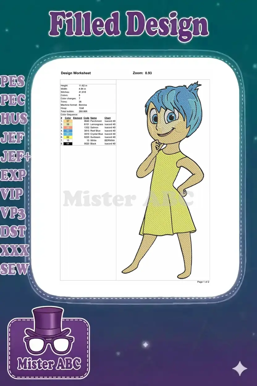 Embroidery design worksheet for Joy, showing dimensions, stitch count, color sequence, and thread details.