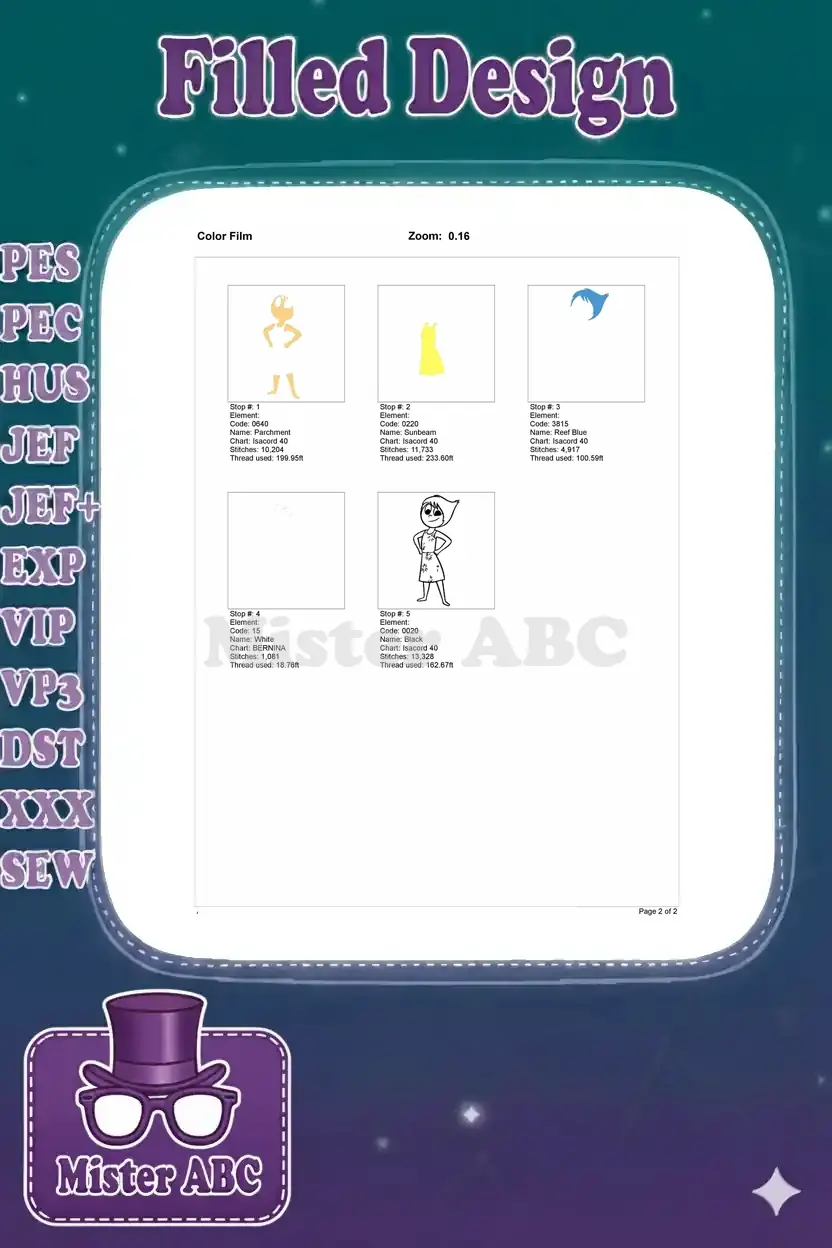 A color film breakdown showing the stitching order and thread usage for each of the 5 colors in the Joy design.