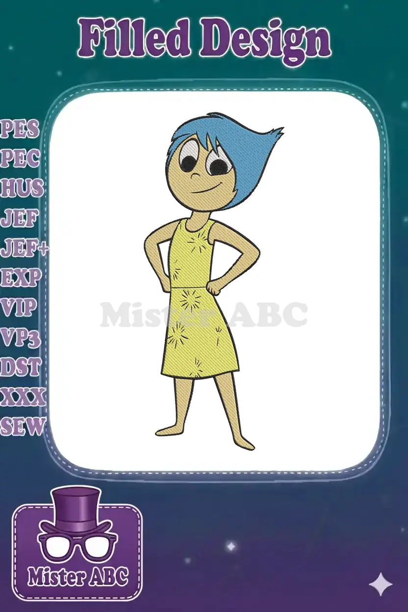 A vibrant, full-body machine embroidery design of Joy from Disney Pixar's Inside Out, rendered in bright colors.