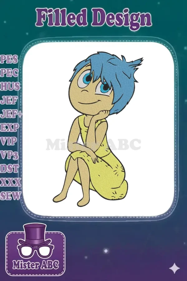 Digital embroidery design of Joy from Disney Pixar's Inside Out, sitting thoughtfully in her yellow dress.