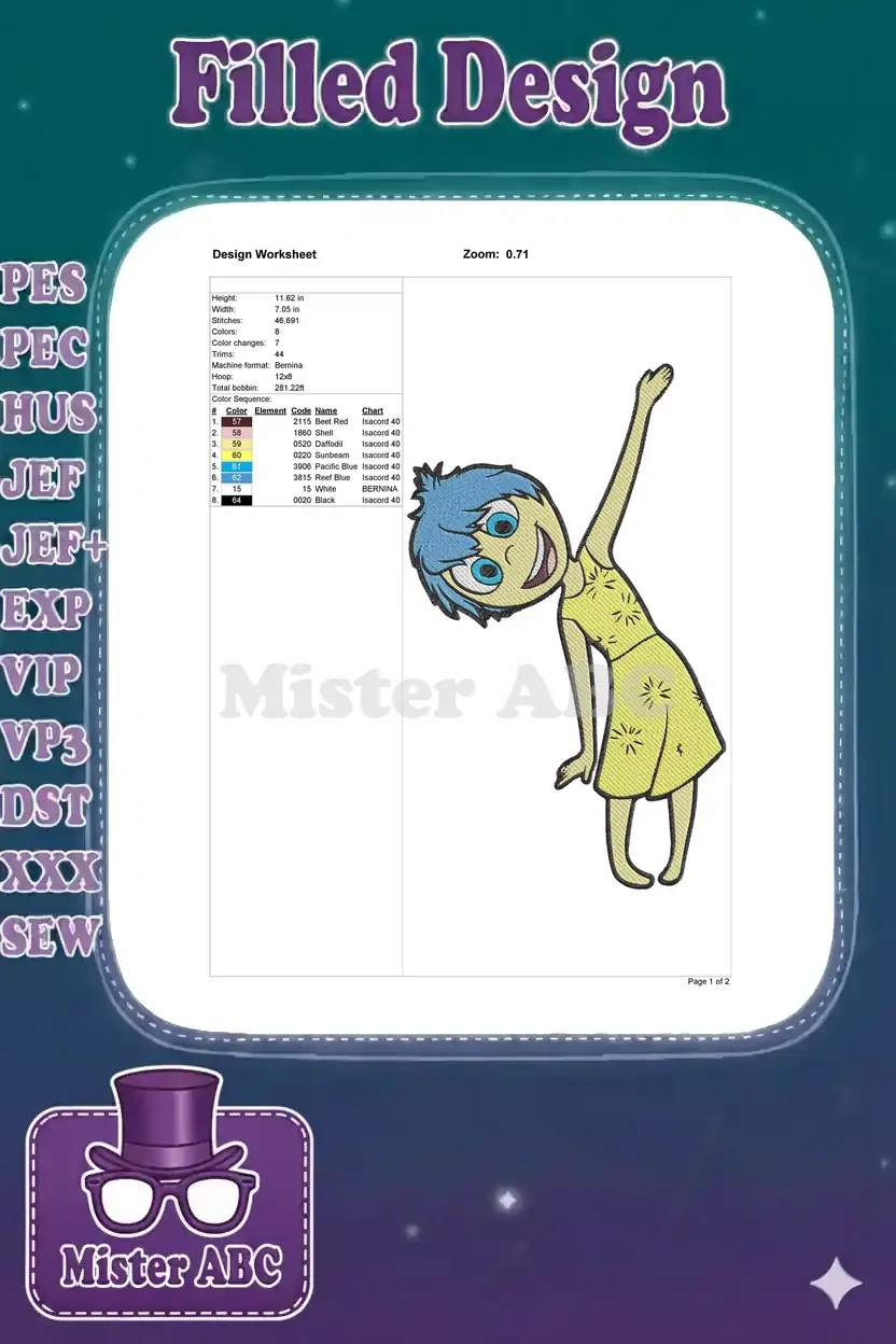 Embroidery design worksheet for Joy, detailing dimensions, stitch count, color sequence, and machine info.