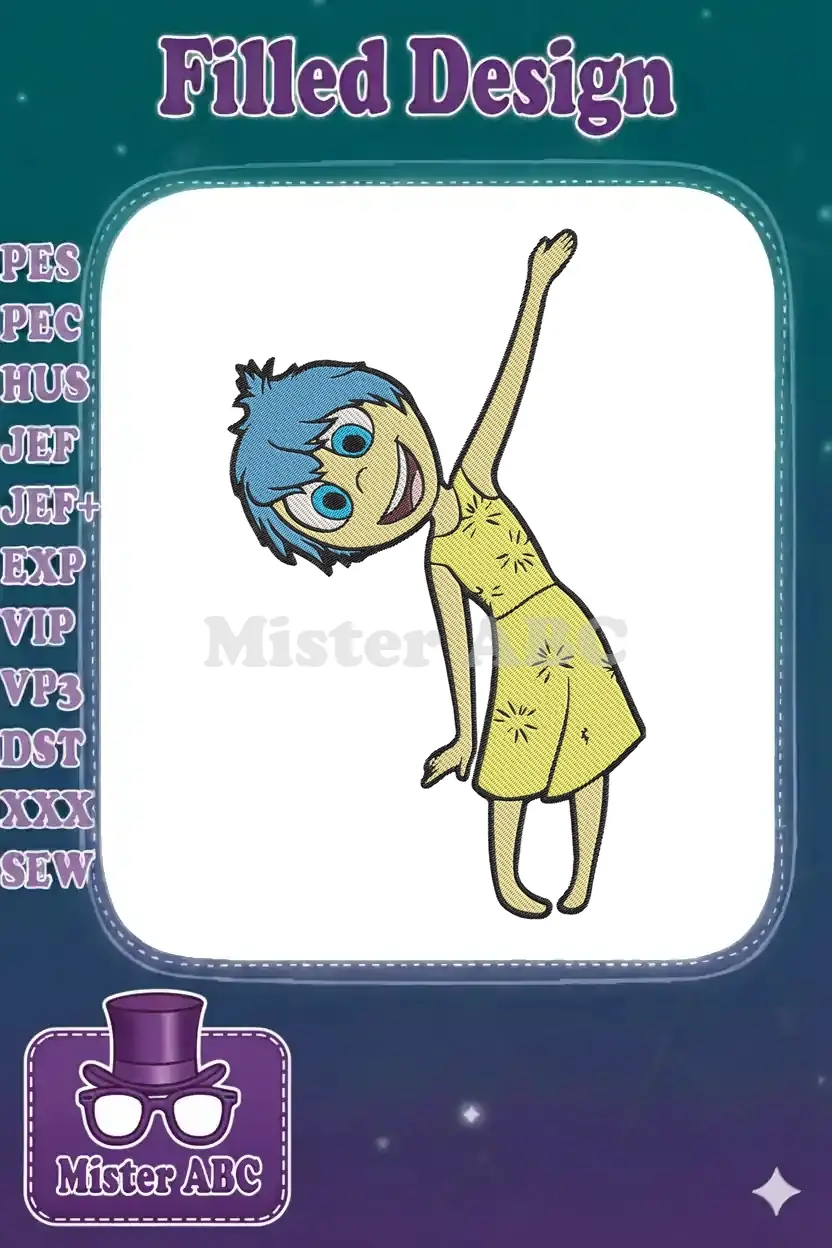 Joy from Disney Pixar's Inside Out, an animated character with blue hair and yellow dress, smiling brightly.