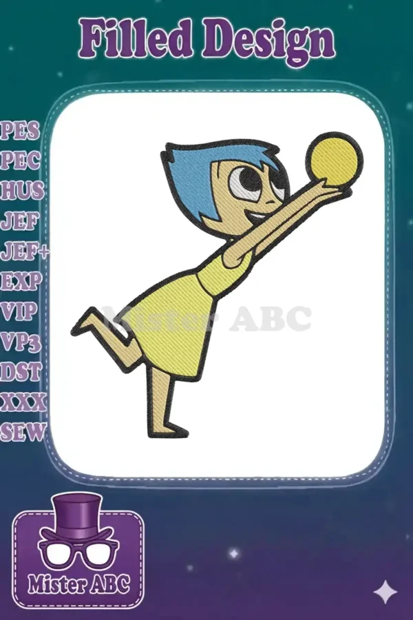 Vibrant embroidery of Joy from Inside Out, in a dynamic pose reaching for a glowing yellow memory orb, full of happiness.