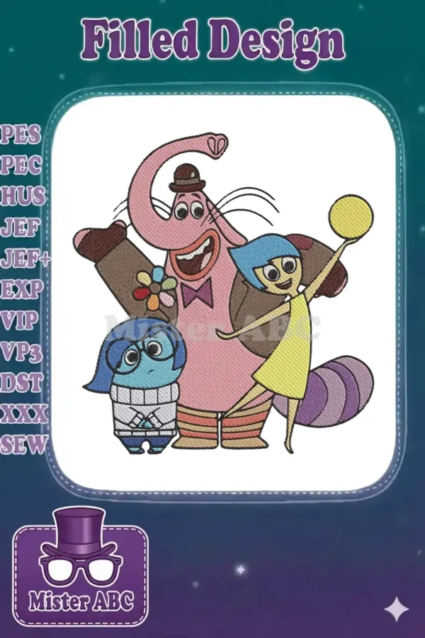 Vibrant embroidery design featuring Disney Pixar's Bing Bong, Joy, and Sadness from Inside Out, showcasing detailed stitching.