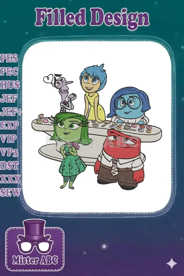 Inside Out characters Joy, Sadness, Anger, Fear, and Disgust in a detailed, colorful embroidery design.