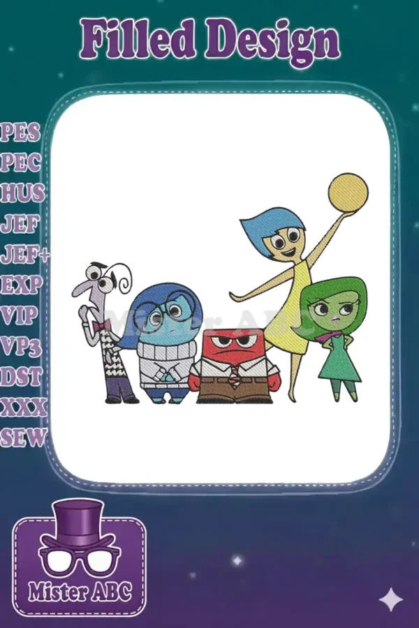 A colorful embroidery design featuring five main characters from Disney-Pixar's Inside Out, including Joy and Sadness.