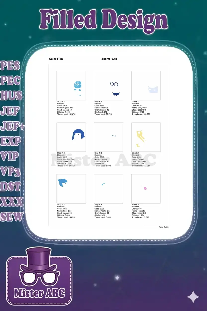 First page of the embroidery color film, showing the initial 9 stitch stops for Joy and Sadness, detailing thread colors and usage.