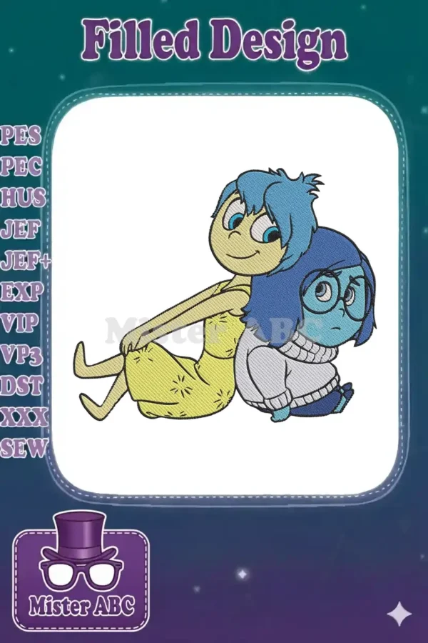 Joy and Sadness embroidery design, featuring the characters from Disney Pixar's Inside Out, sitting back-to-back.