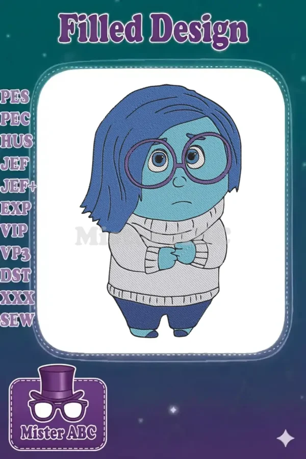 Embroidered design of Sadness from Inside Out, featuring her signature blue skin, hair, and purple glasses.
