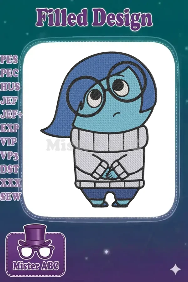 Sadness from Inside Out, an adorable embroidery design featuring her blue skin, glasses, and signature white sweater.