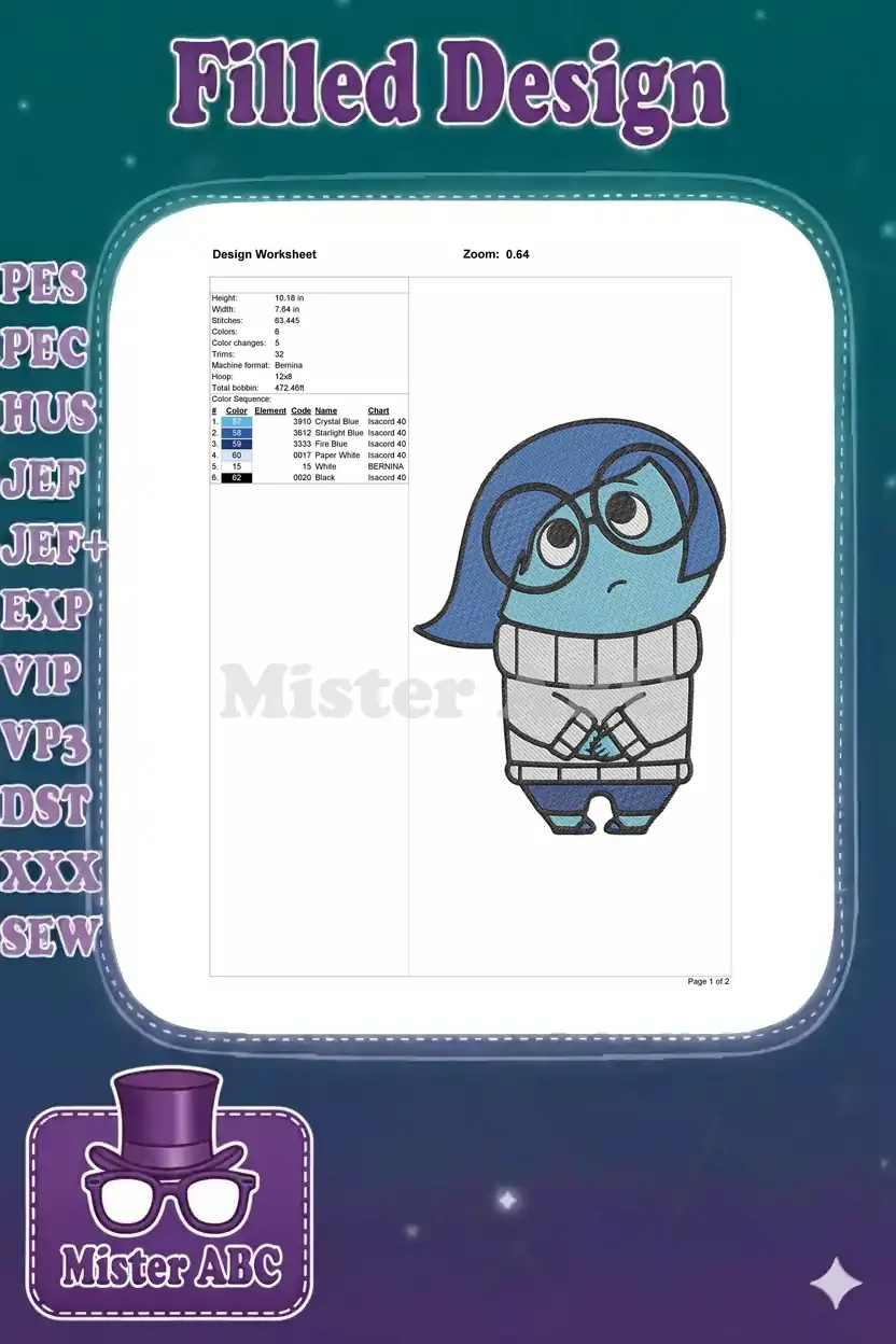 Embroidery design worksheet for Sadness, detailing dimensions, stitch count, color sequence, and thread information.