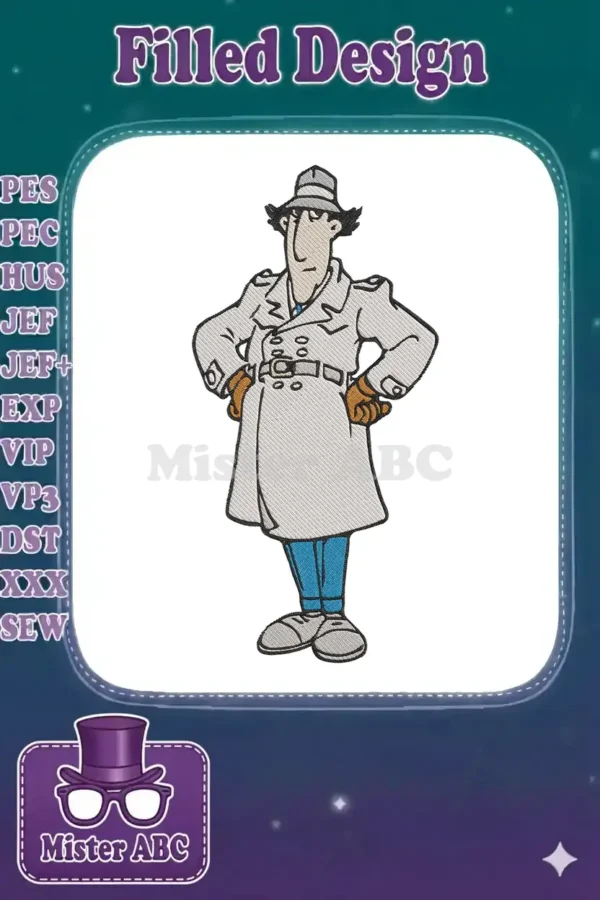 Detailed embroidery design of Inspector Gadget, featuring his signature trench coat, hat, and determined expression.