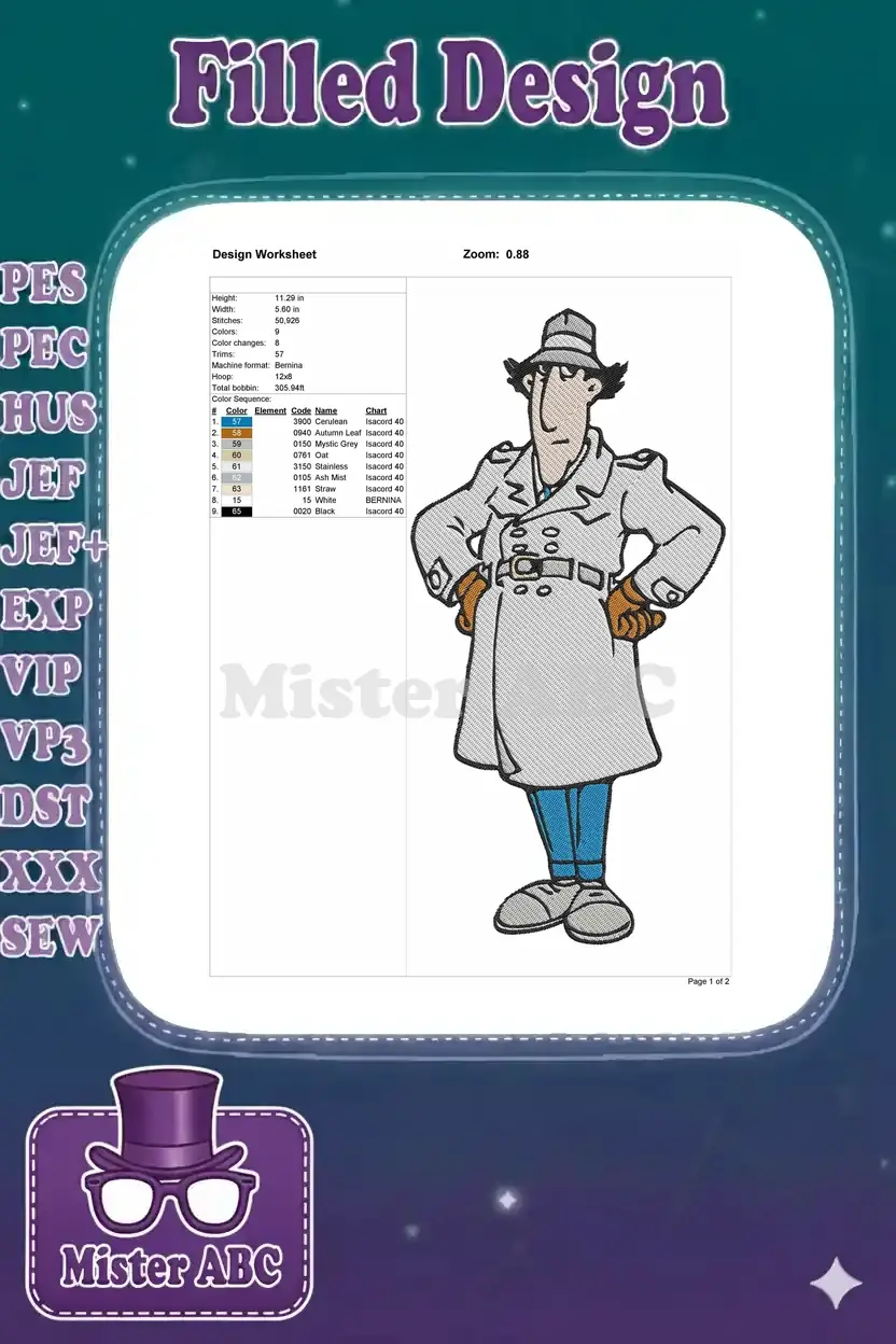 Embroidery design worksheet for Inspector Gadget, showing dimensions, stitch count, color sequence, and thread details.