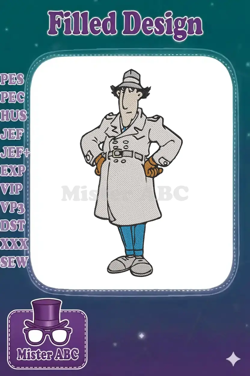 Detailed embroidery design of Inspector Gadget, featuring his signature trench coat, hat, and determined expression.