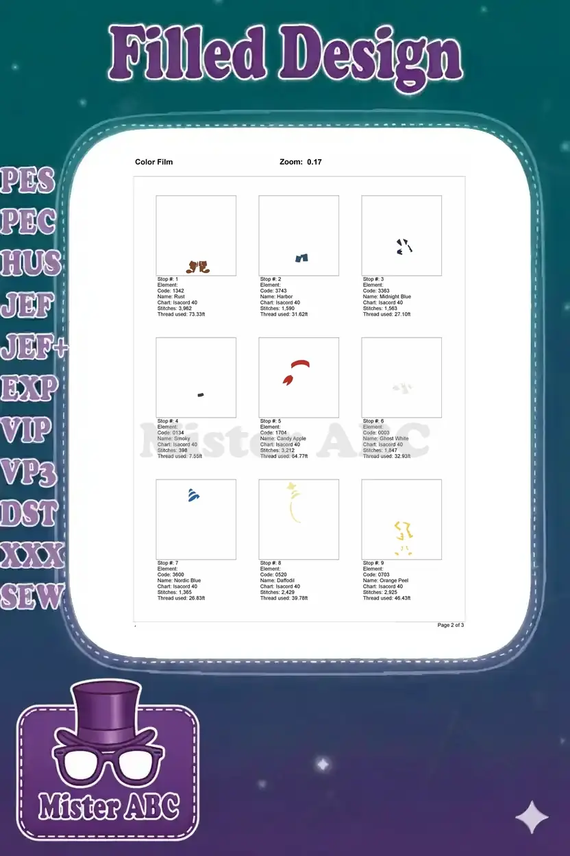 The first page of the color film sequence, illustrating the initial embroidery steps and thread usage for Jake's design.
