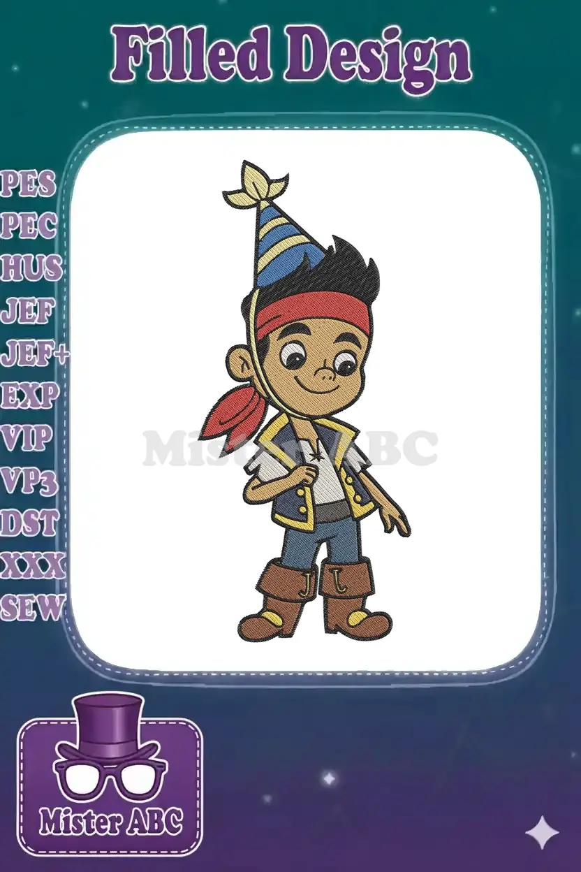 A cheerful Jake the Pirate embroidery design, featuring the character in his classic pirate attire and a festive party hat.