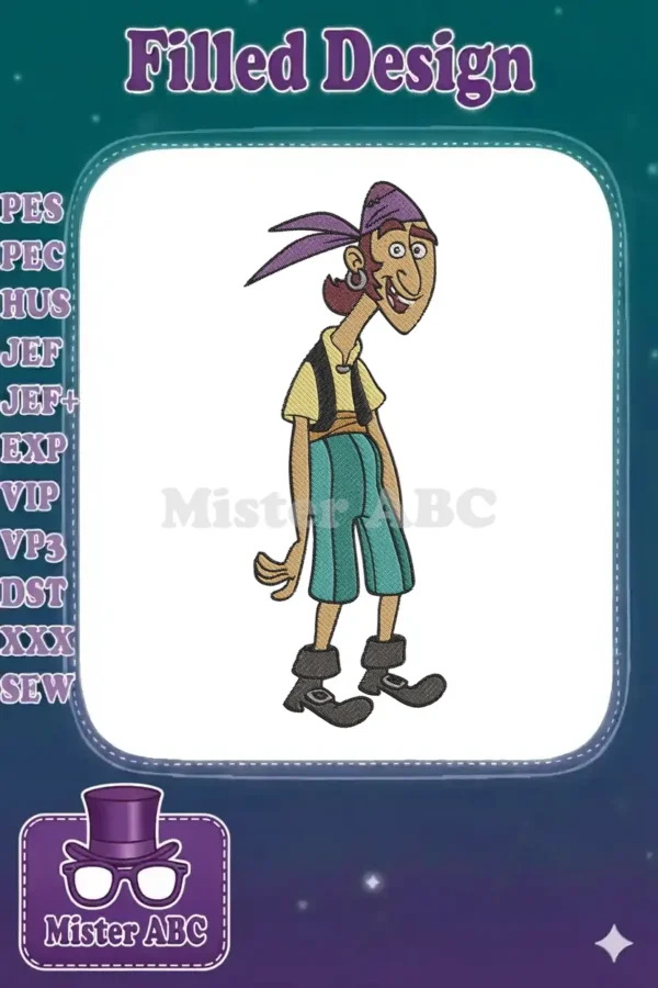 A vibrant cartoon pirate digital embroidery design, featuring a smiling character with a purple bandana and teal pants, ready for stitching.