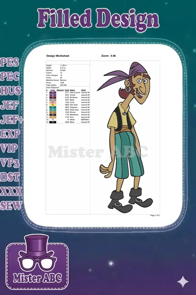 Detailed embroidery design worksheet for the pirate, showing dimensions, stitch count, color changes, and thread chart.