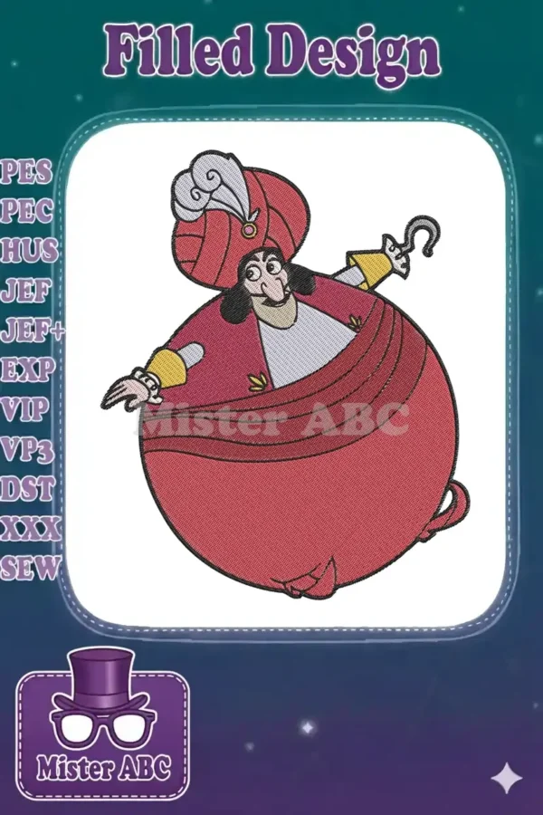 Detailed embroidery design featuring a round, jovial Captain Hook in his signature red attire and hook hand.