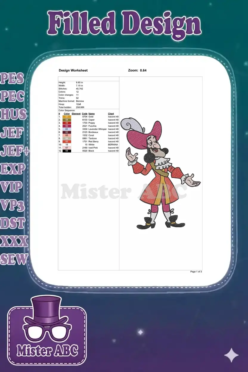 Embroidery design worksheet for Captain Hook, detailing dimensions, stitch count, thread colors, and machine compatibility.