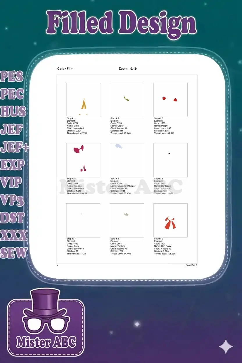 Color film page 1 for Captain Hook embroidery, showing individual stitch elements for the first nine thread colors.
